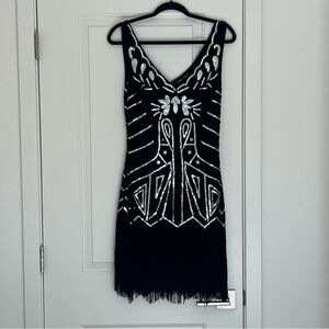 Size M - 1920’s inspired beaded sequin mesh dress with fringe